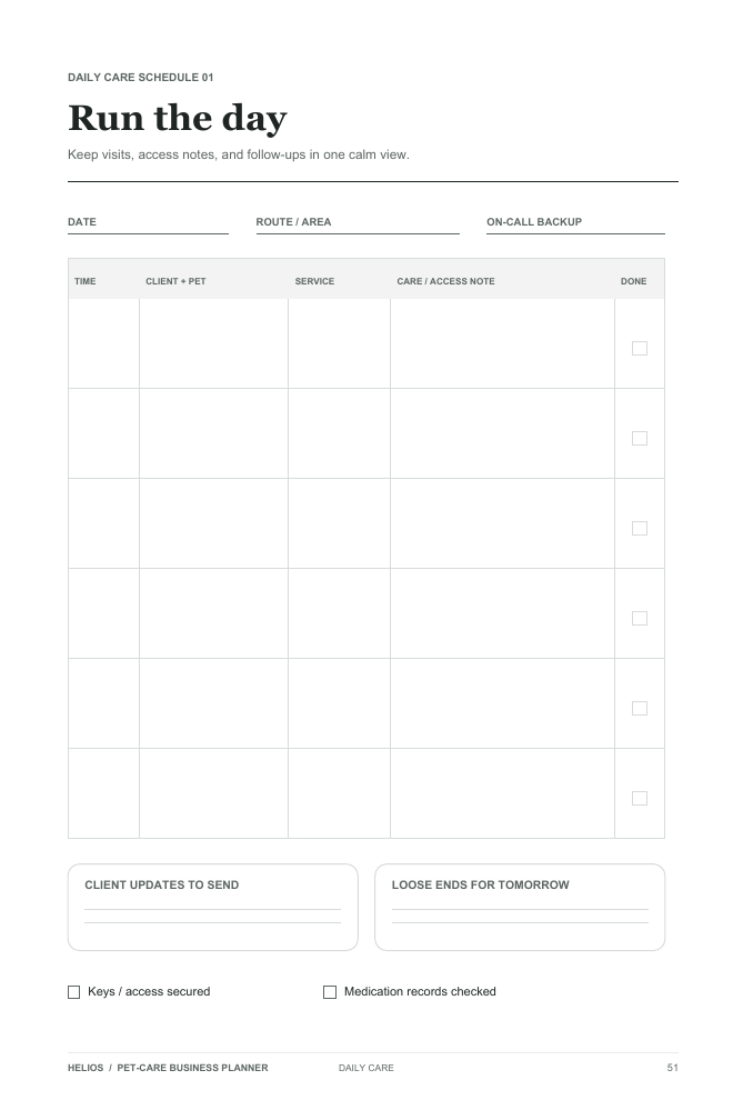 Helios Pet-Care Business Planner - 12-Week Undated Edition